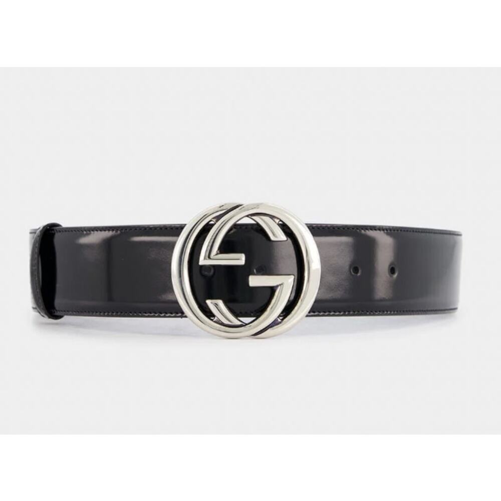 Gucci Interlocking G Brushed Leather Wide Belt Black Silver Buckle Size 80